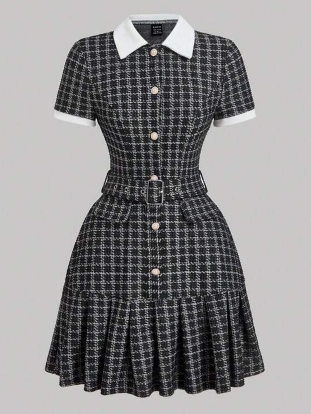 Preppy Black & White Tweed Fit-and-Flare Dress - M